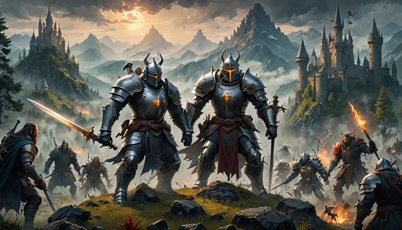 Knight Battles Monsters in Foggy Fantasy Landscape