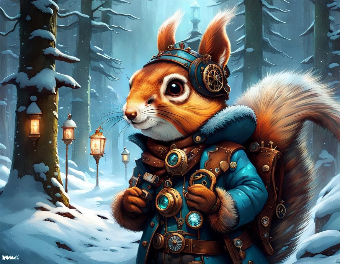 Steampunk Squirrel Portrait in Winter Wonderland