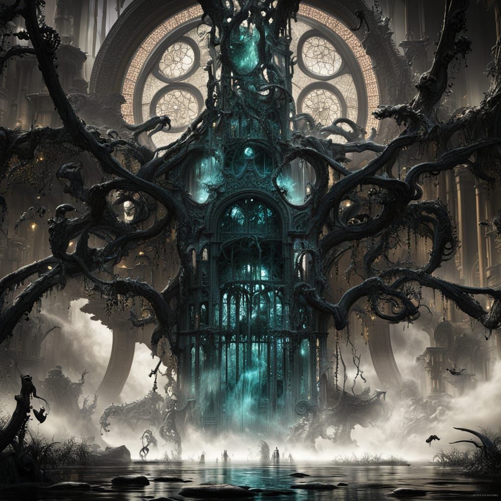 Biomechanical Gothic Glass Container in Turbulent Black Wave...