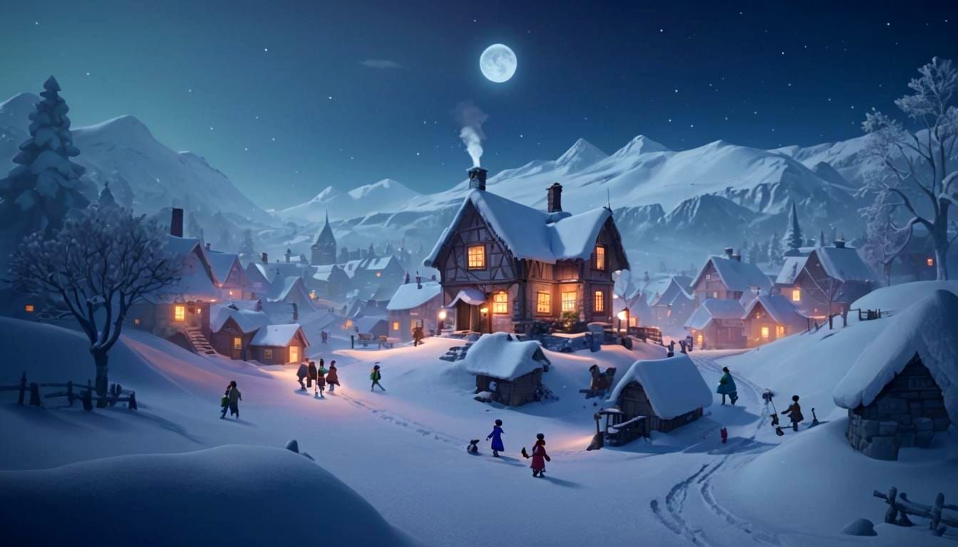 Pixar Style Snowy Village in 3D Digital Art