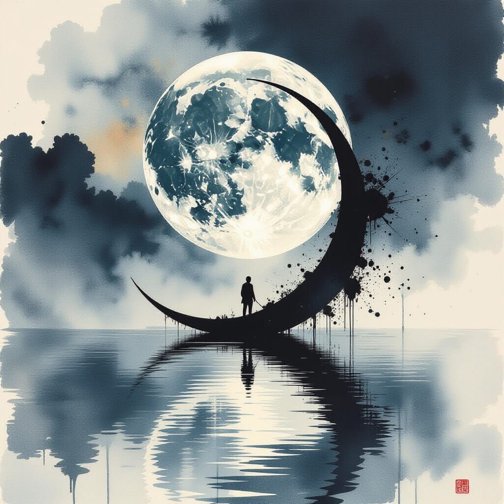 Waxing Moon Reflection in Mixed Artistic Styles