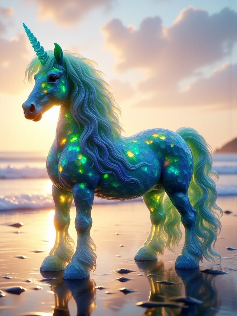 Sea Glass Unicorn on Glowing Shoreline at Sunrise