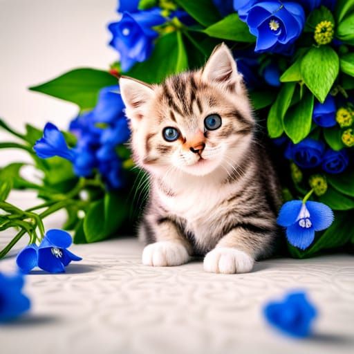 Cute Kitten with Blue Flower Background: Hyperrealistic Imag...