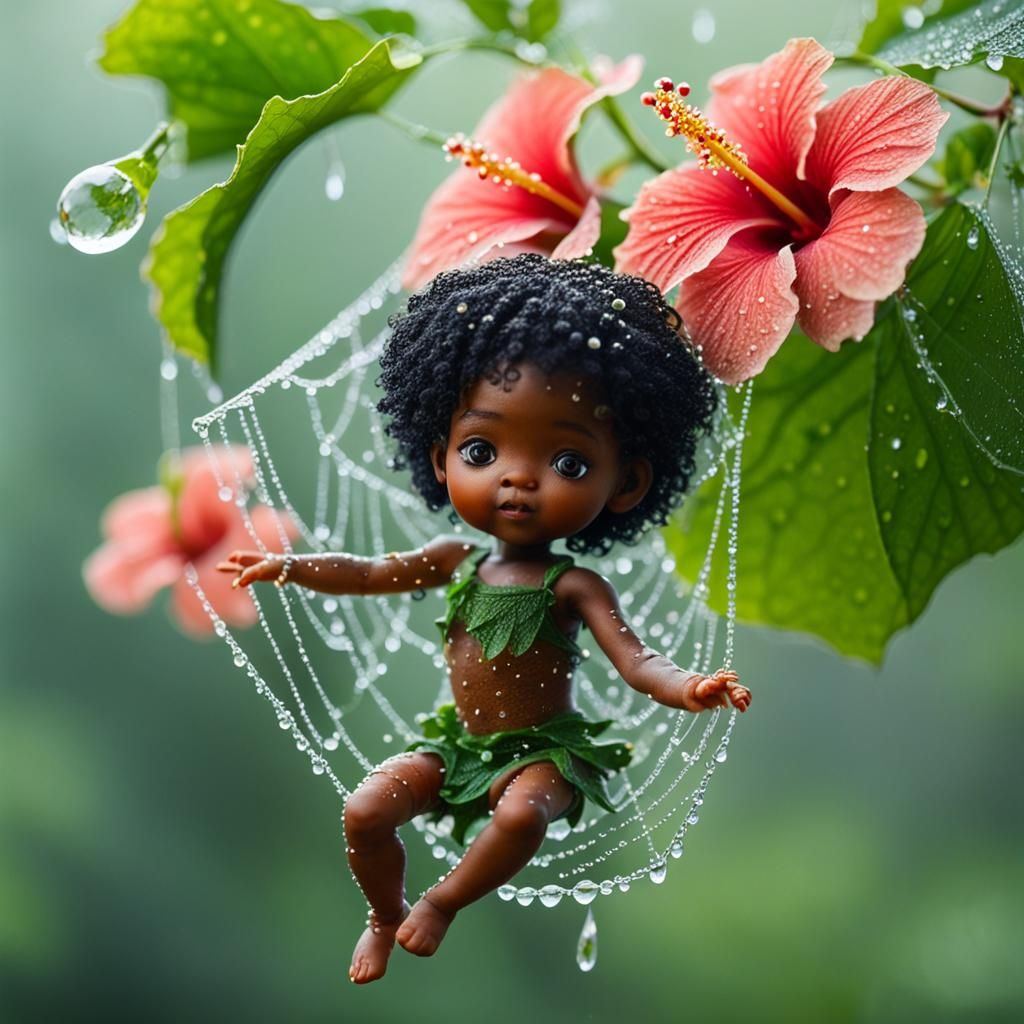 Delicate Fairy on Hibiscus Cobweb in Morning Dew