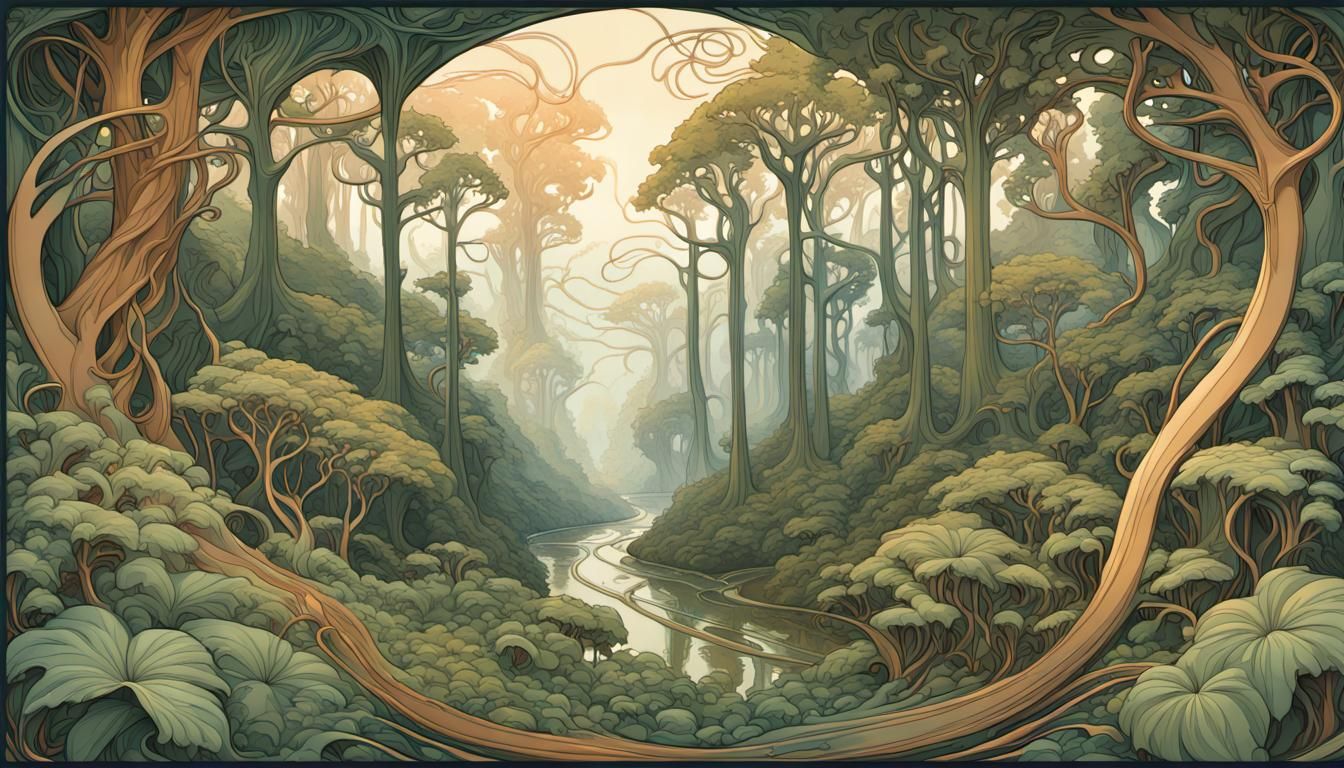 Lush Forest in Art Nouveau Style