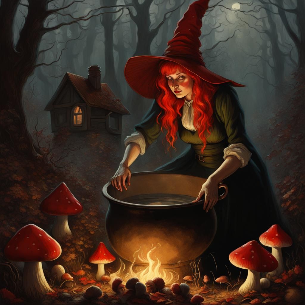 Spooky Cottage Witch in Autumn Woods