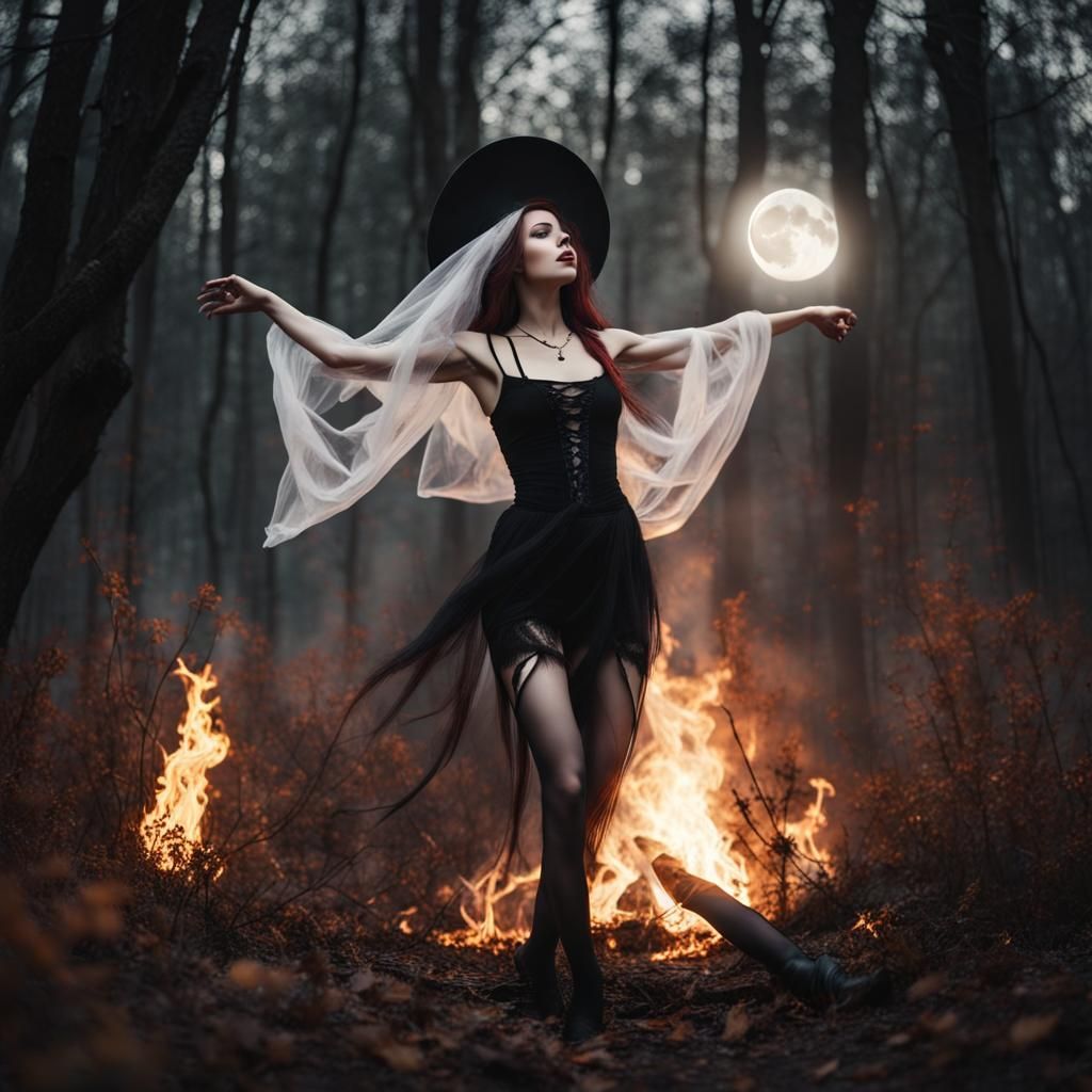 Gothic Witch Dancing in Forest by Moonlight