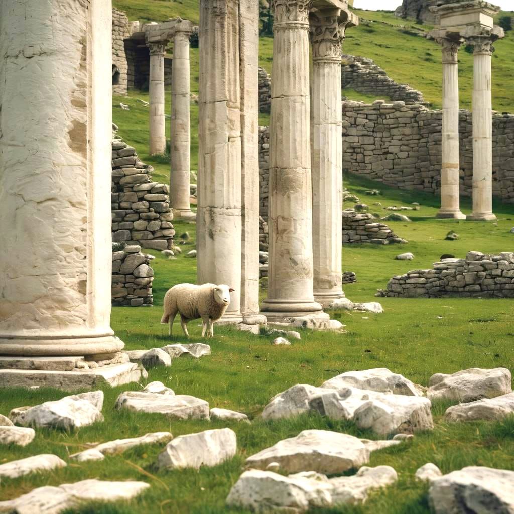 Green Hill with White Sheep and Ancient Ruins