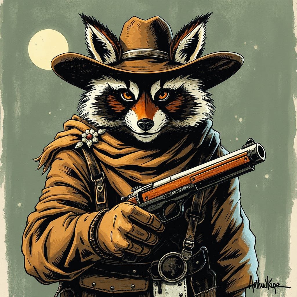 Tanuki Bandit Cowboy in Oil and Ink