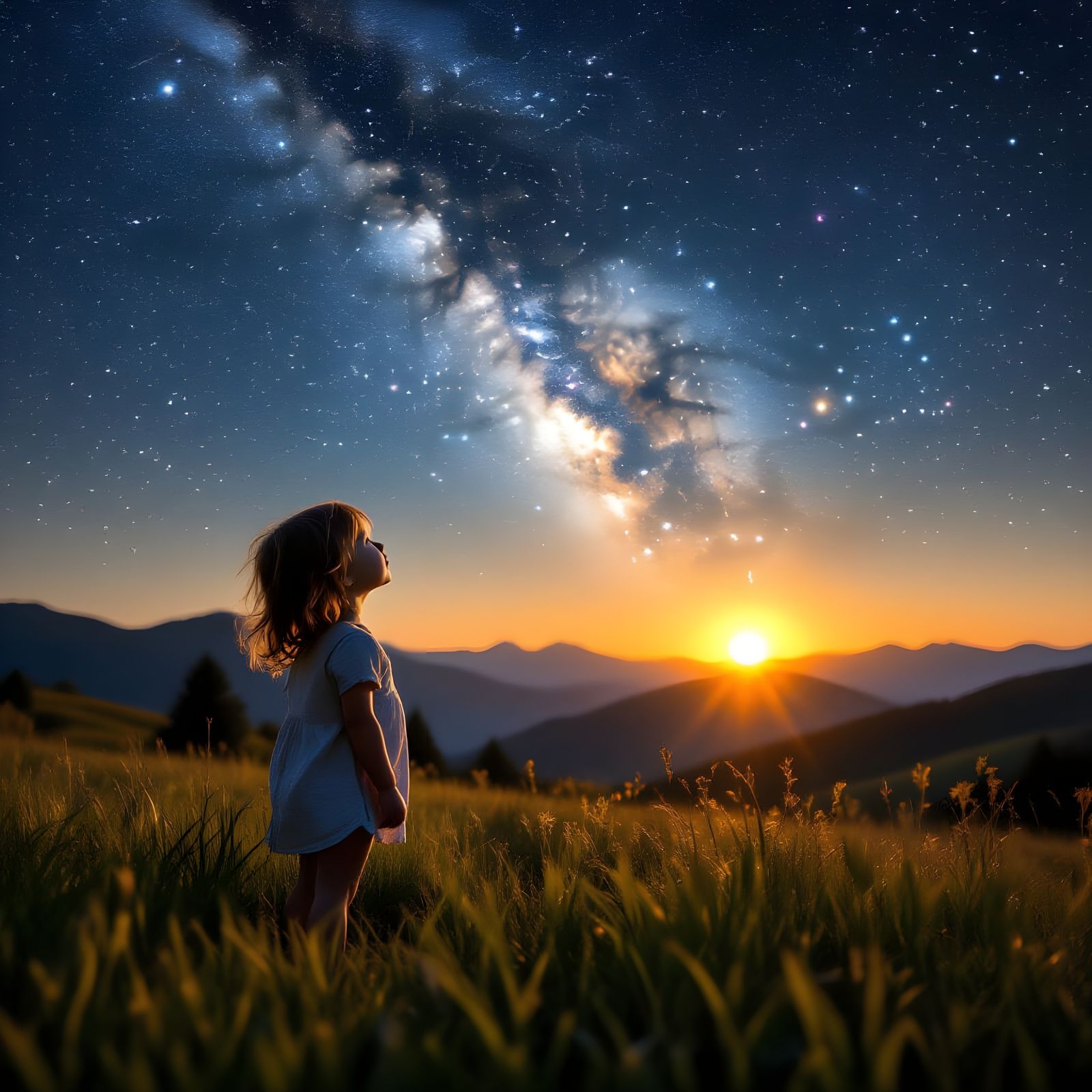 Child Gazing at Milky Way at Dawn: Hyperrealistic Digital Ar...