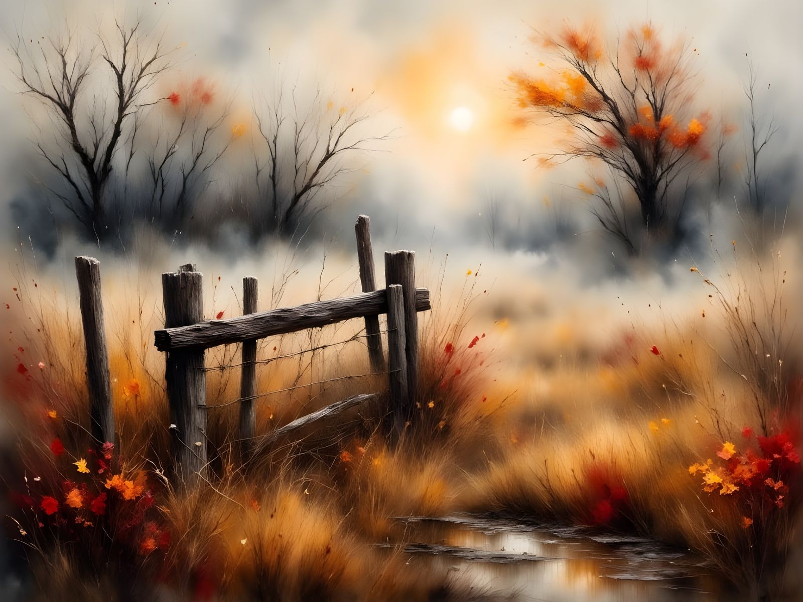 Misty Autumn Landscape in a Watercolor Oil Painting Style