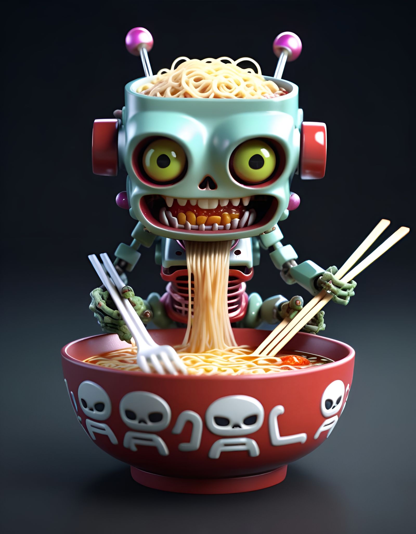 Grinning Zombie Chibi Robots in Ramen Bowl: Hyperrealism
