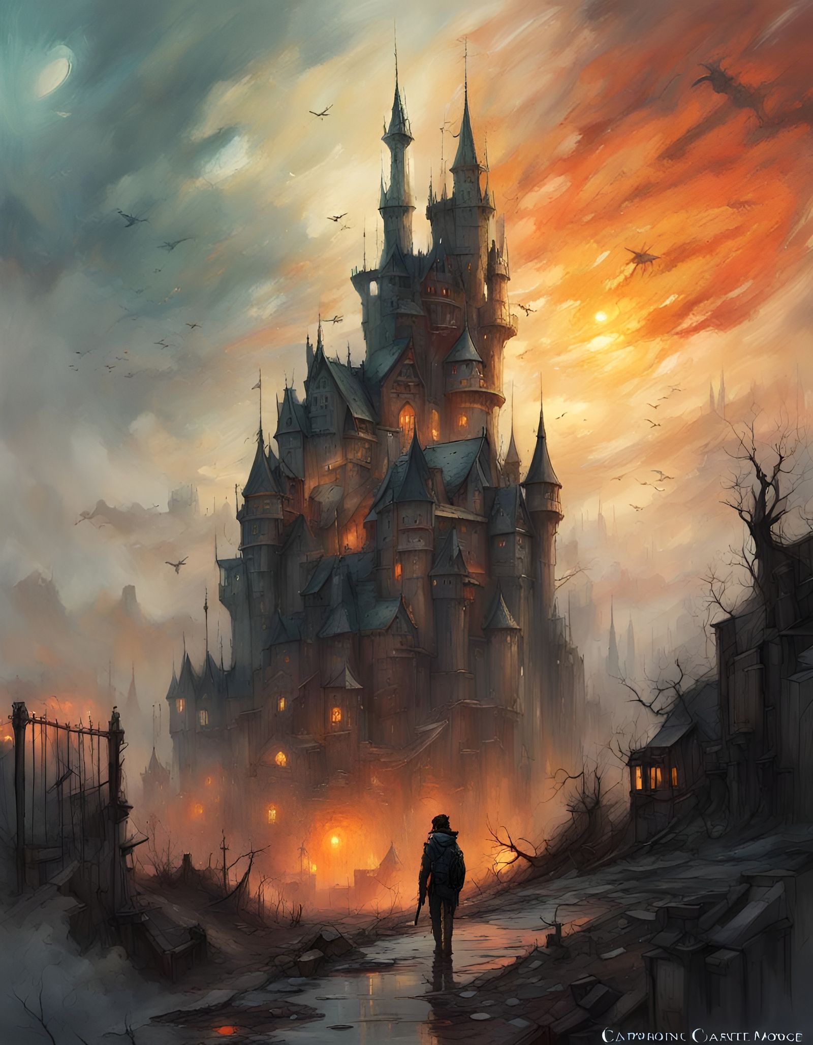 Gothic Cyberpunk Castles in Burning Clouds