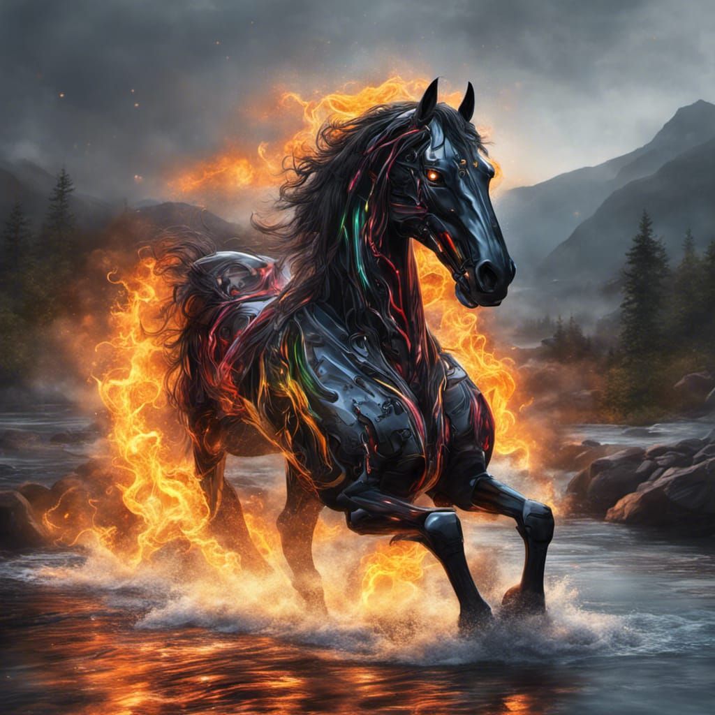 Robotic Horse Drinks from River of Fire