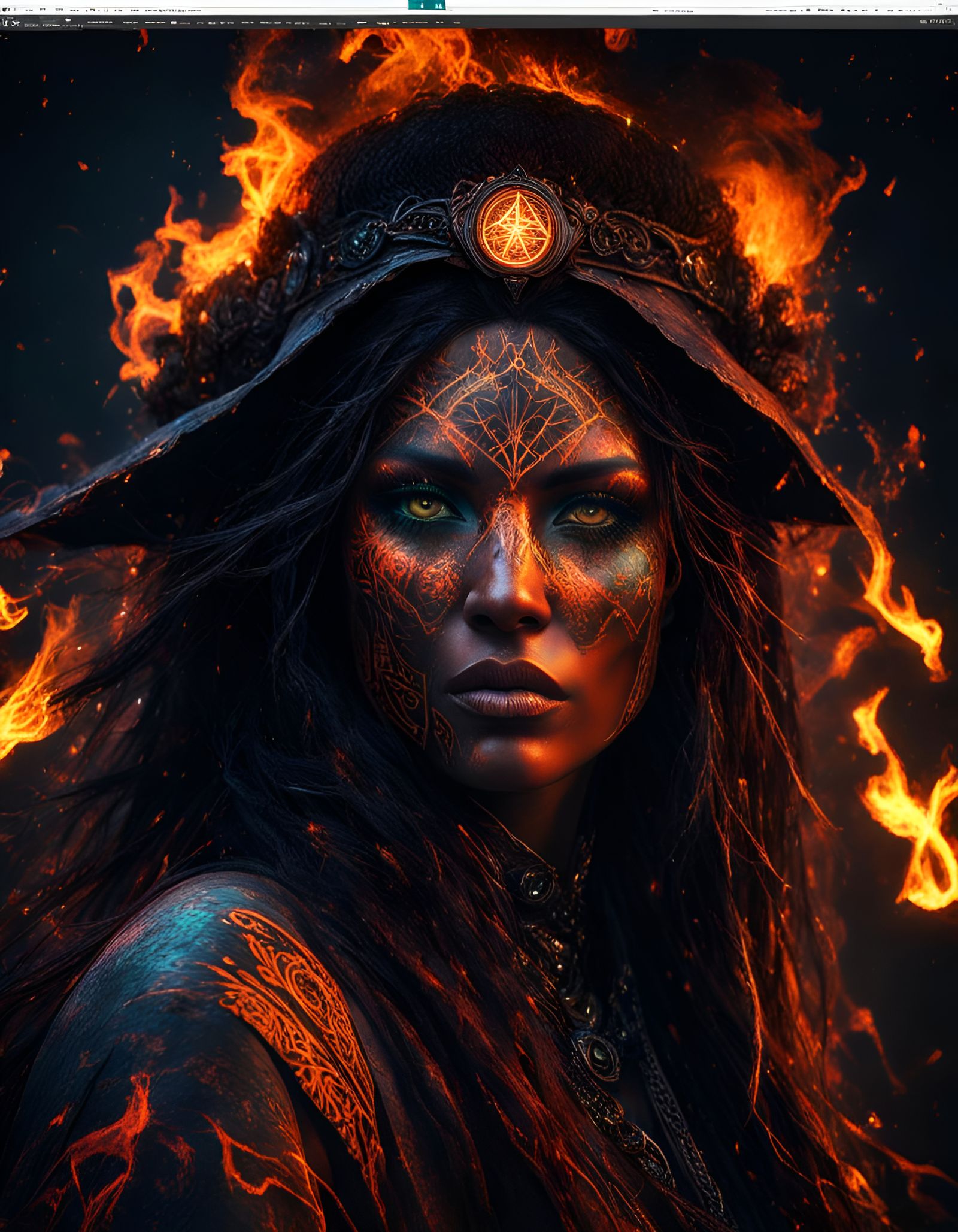 Black Fire Sorceress Portrait in Digital Art Style