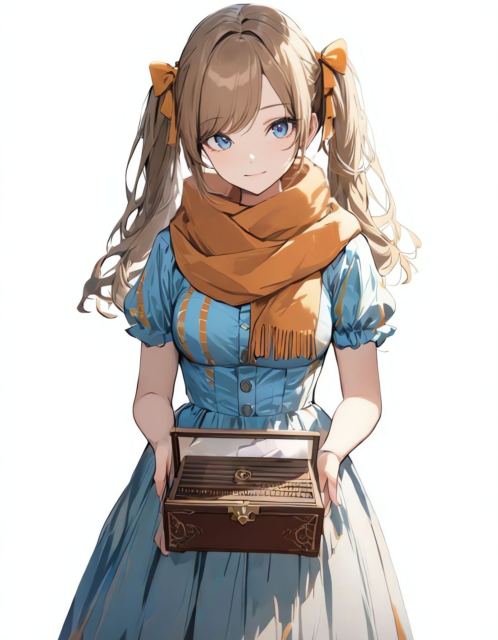 Girl with Music Box, Blue Dress, and Orange Scarf