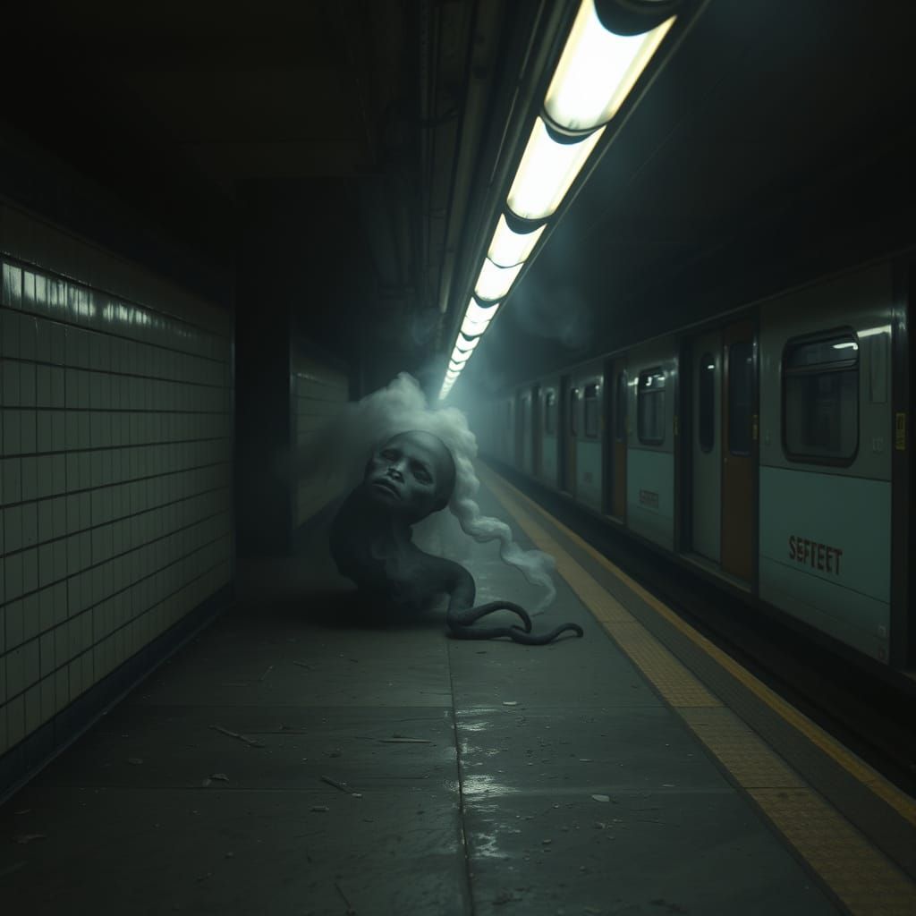 Grainy Subway Platform with Shadow Cryptid