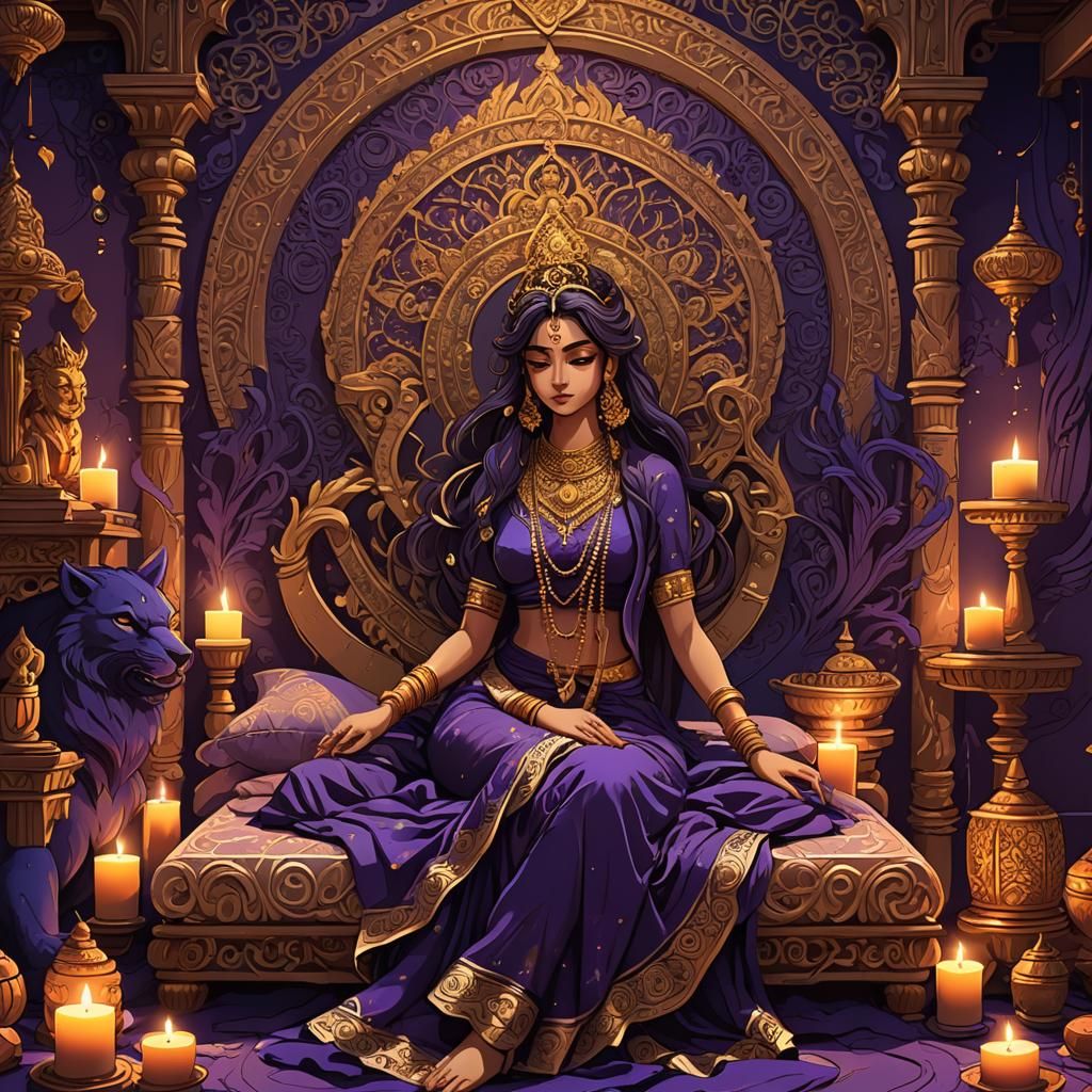 Anime-Style Hindu Goddess in Ornate Bedroom