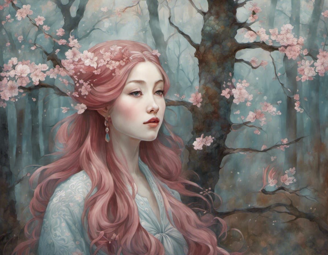 Cherry Blossom Woodland Clearing in Surrealist Style