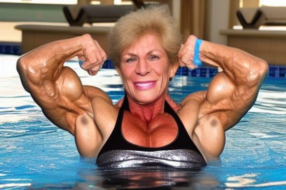 Muscular Grandma Flexing Biceps at the Pool