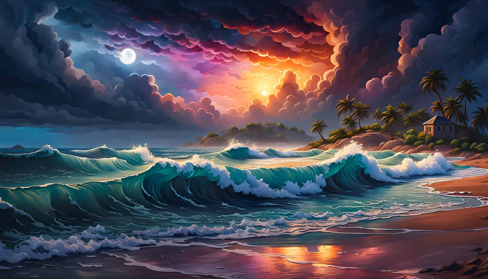 Stormy Beach at Night: Watercolor Painting