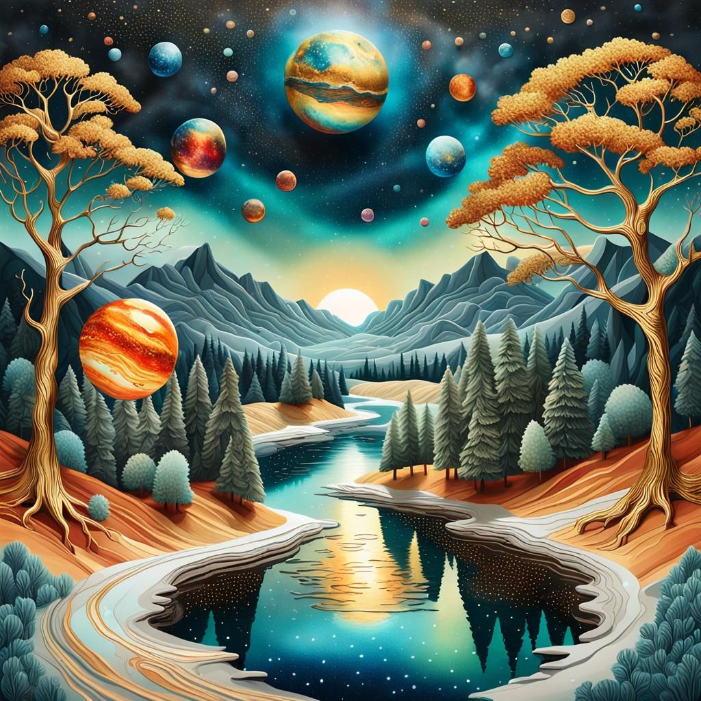 Surreal Milky Way Landscape with Golden Details