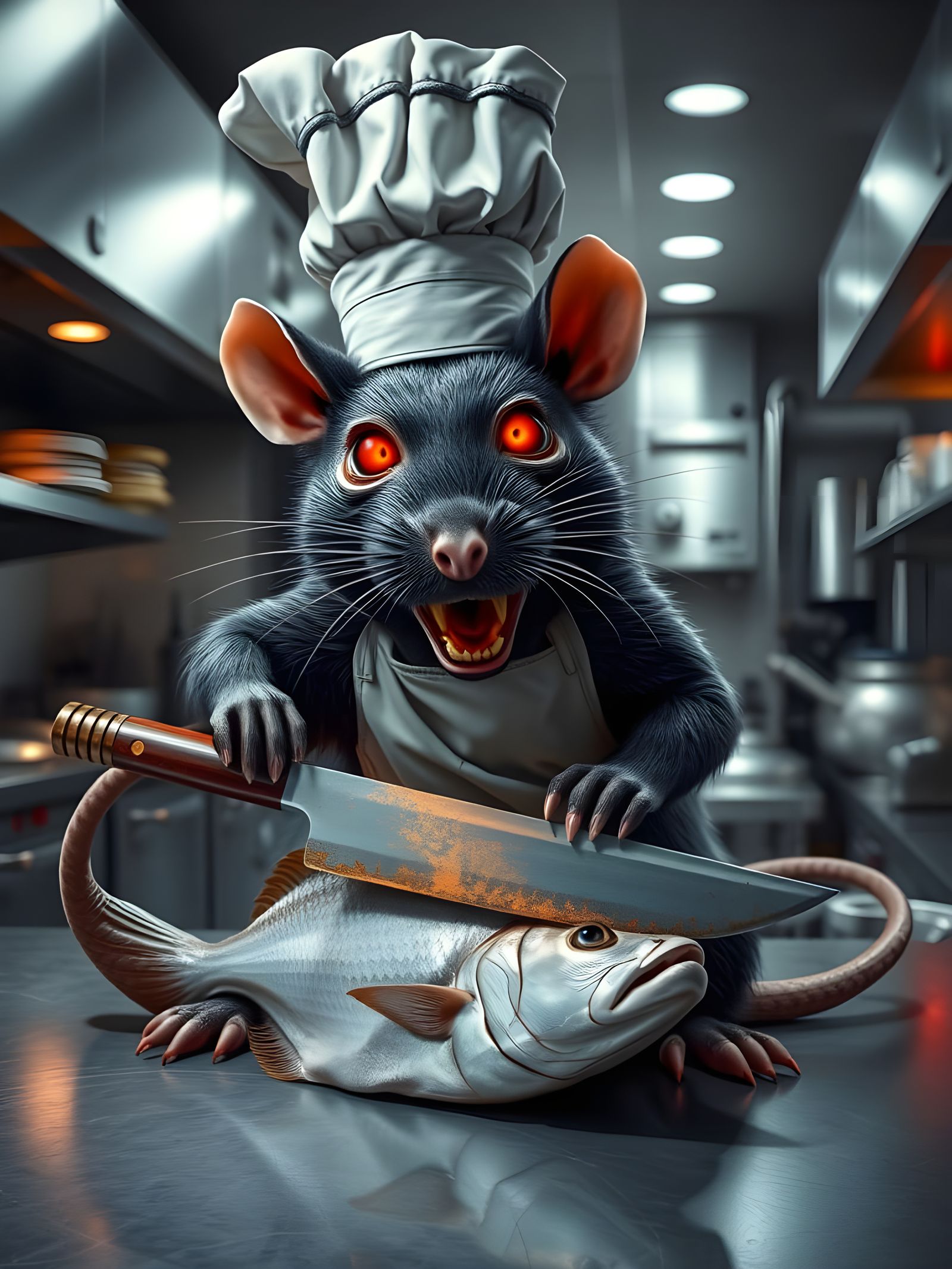 Menacing Rat Chef in a Commercial Kitchen