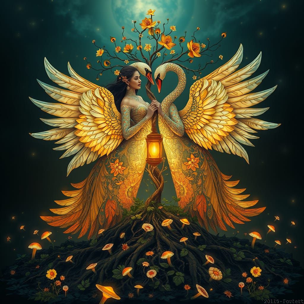 Women with Swan Wings Blossom from the Earth in a Whirlwind ...