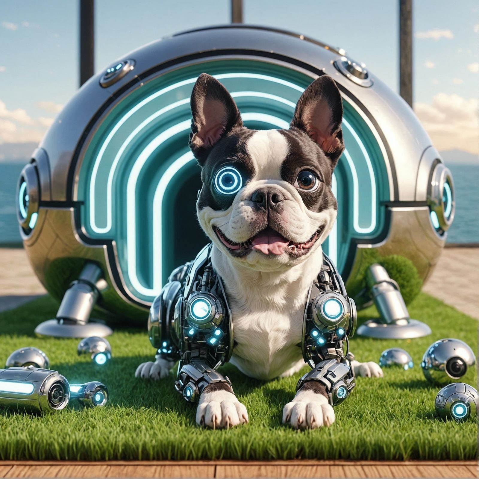 Cartoon Robot Boston Terrier in Sci-Fi Scene