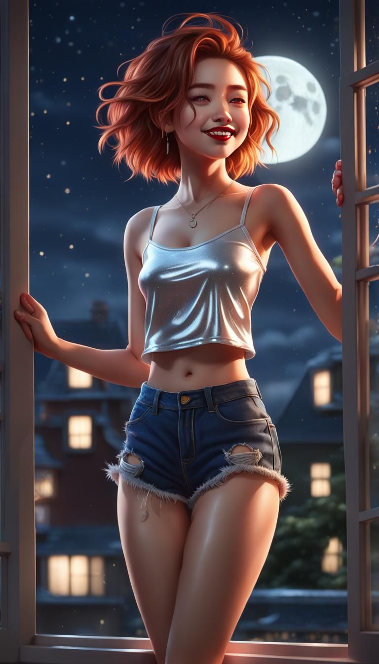 Full body view, cute auburn messy hair, red lips, long eyela...