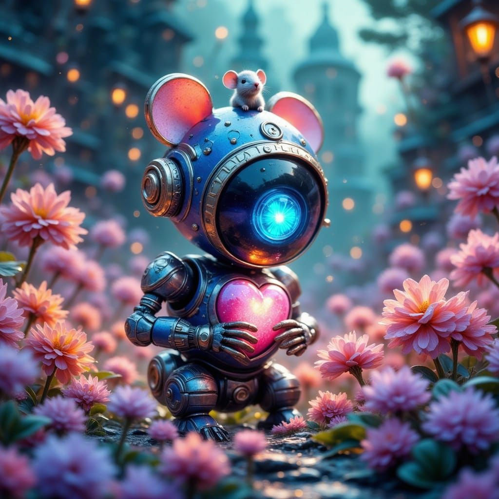 Whimsical Robot Companion in Vibrant Utopian Scene