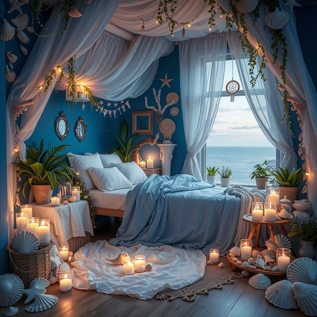 Whimsical Bedroom Scene with Serene Young Woman