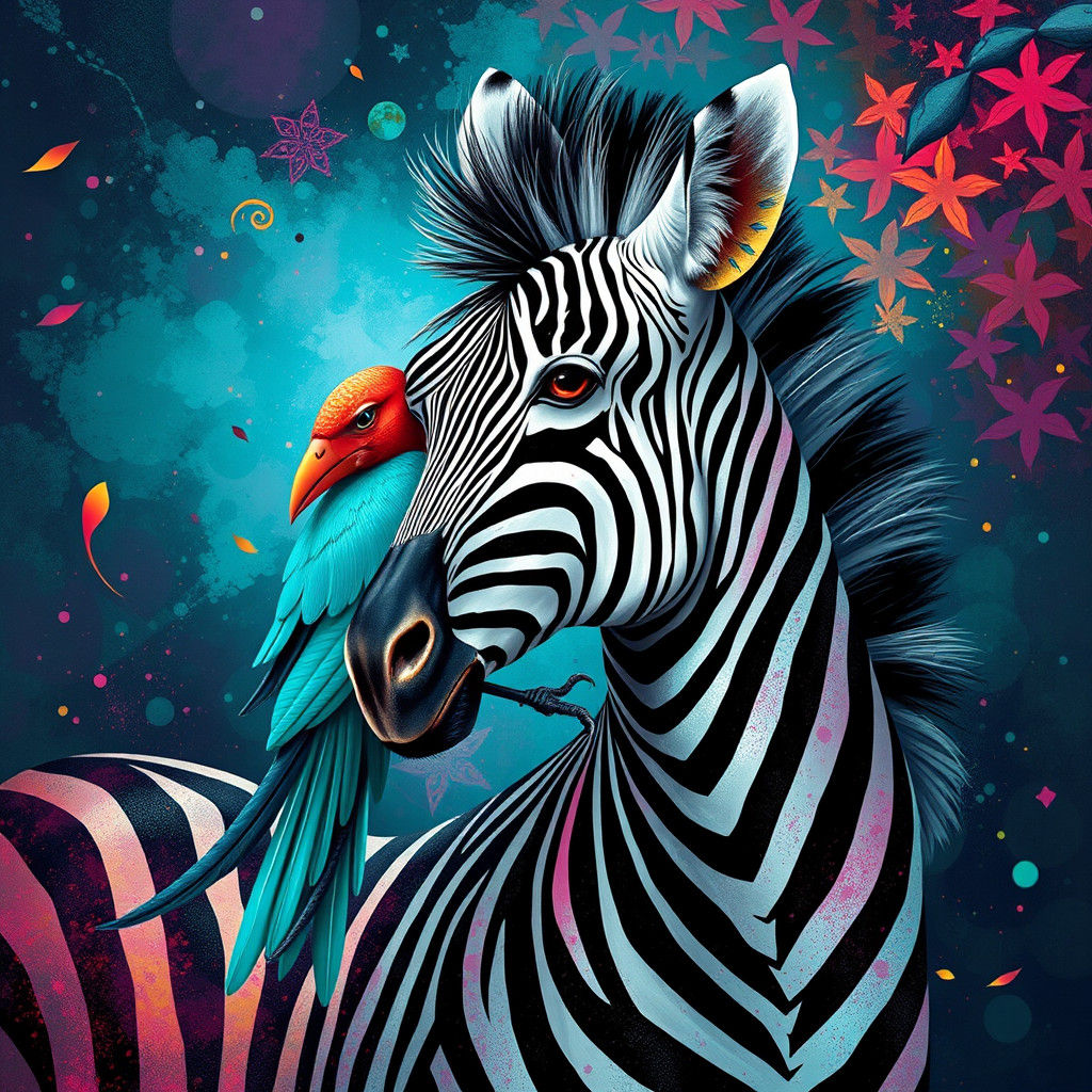 Dreamlike Bird and Zebra in Maximalist Style