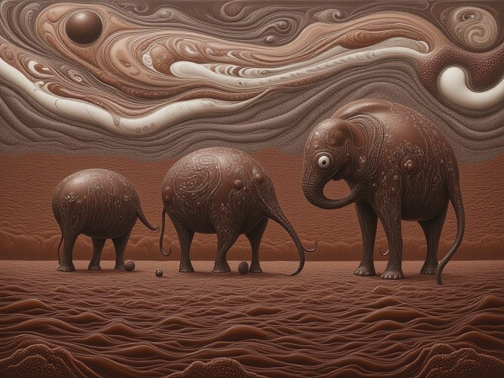 Chocolate Elephants in Surrealist Chocolate Landscape