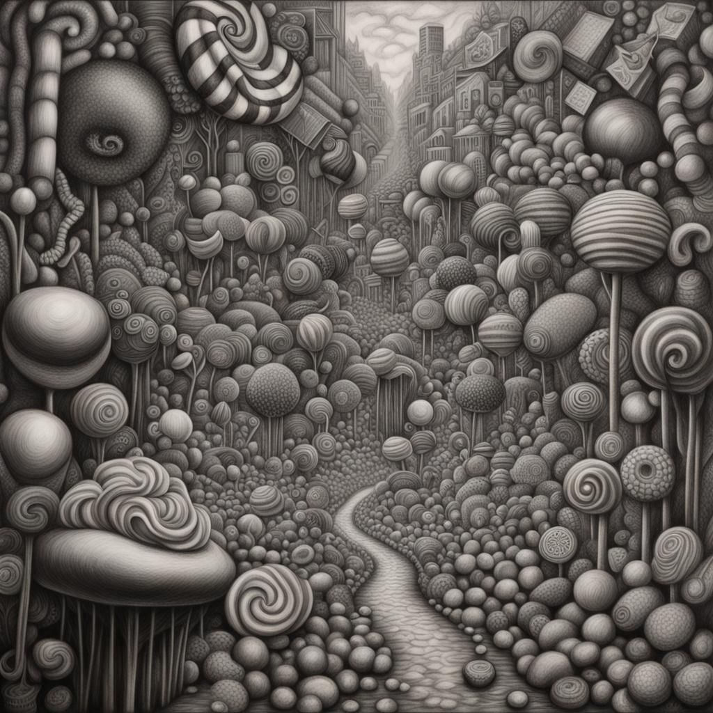 Hyperdetailed Charcoal Drawing of a Candy World