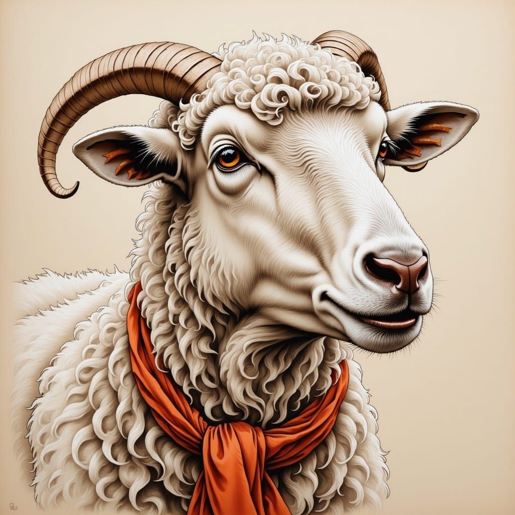 Mischievous Sheep Chewing Scarf in Detailed Sketch