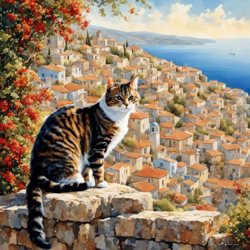Greek Seaside Town with Cat, Oriental Style