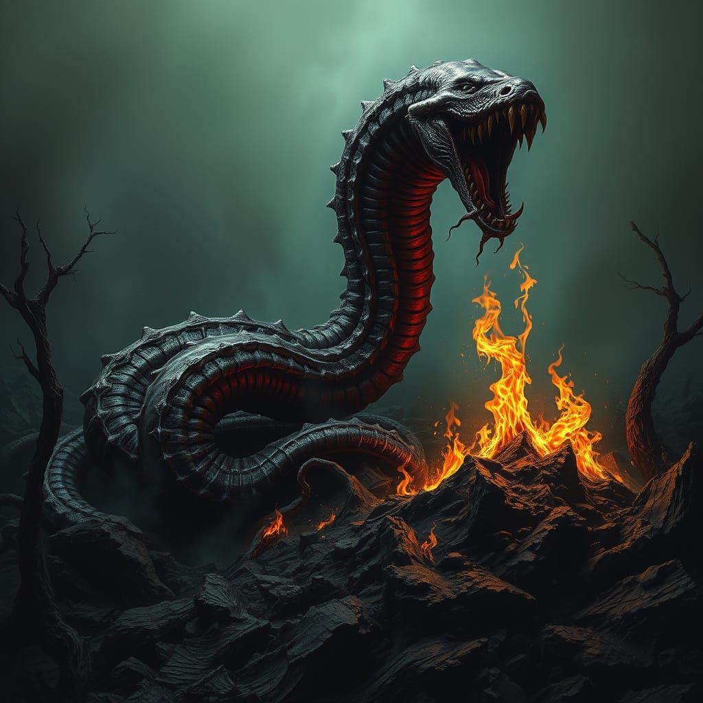 Twisted Dark Fantasy Realm with Serpentine Worm and Flickeri...