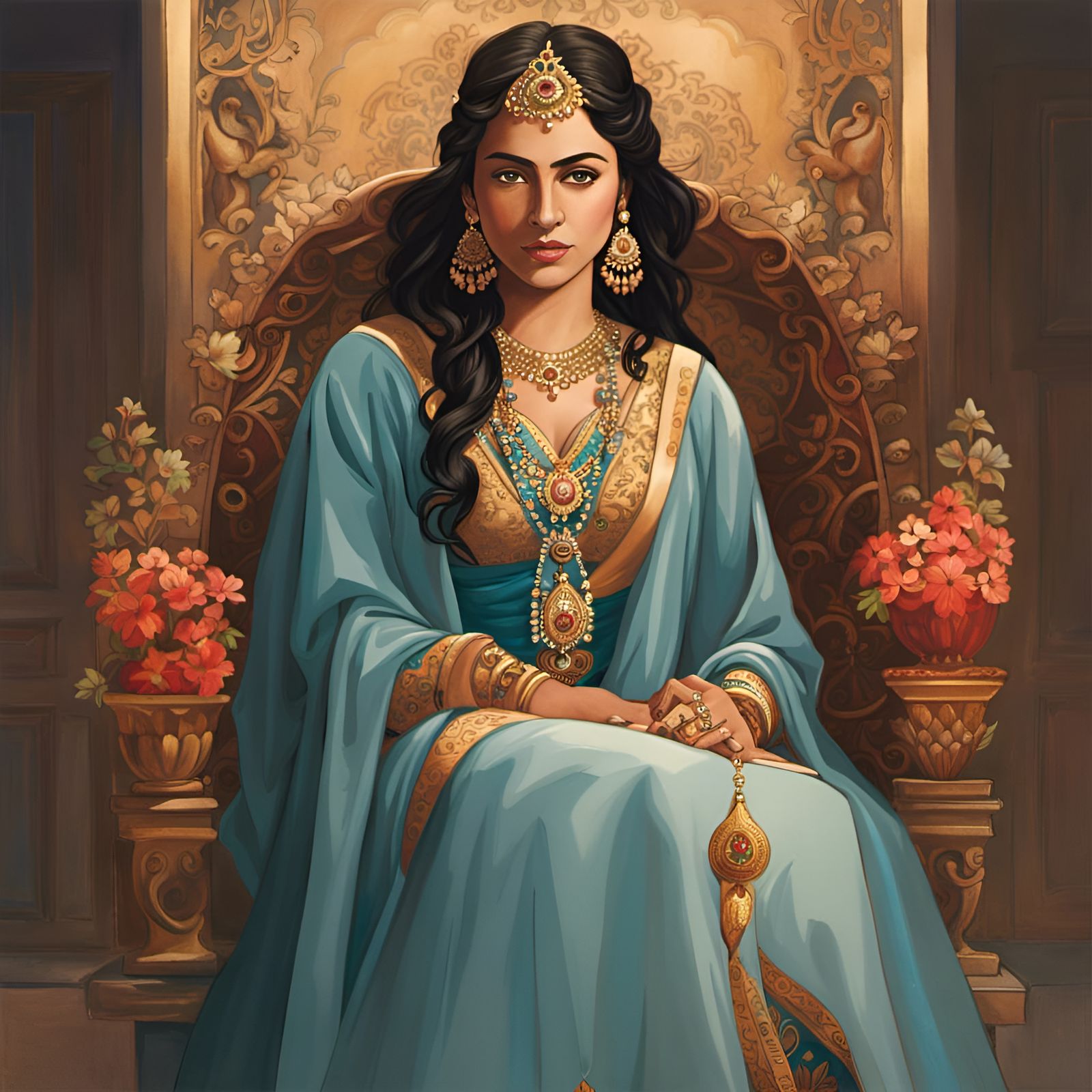 Watercolor Portrait of Middle Eastern Queen in Silk