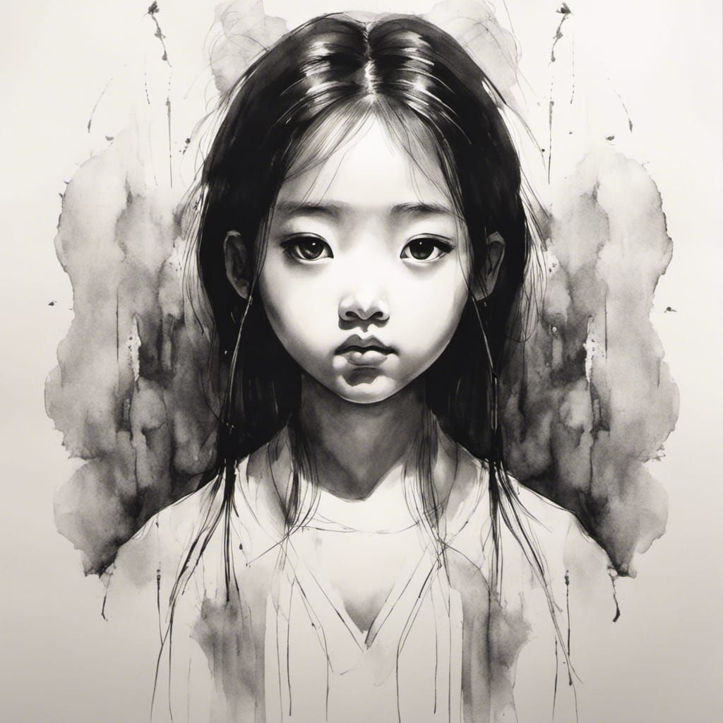 black and white ink drawing, wash, chinese girl with big round expressive eyes