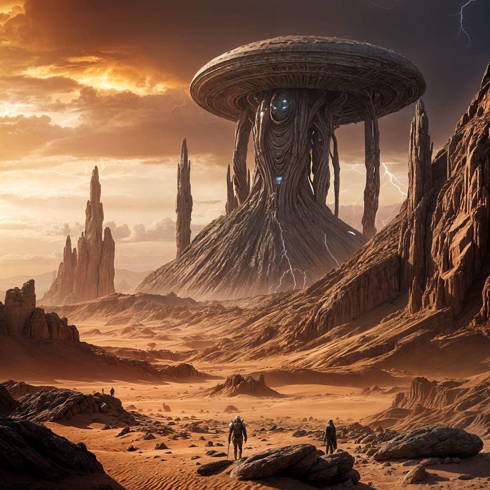 Alien God Judges Mortals in Stormy Desert Landscape