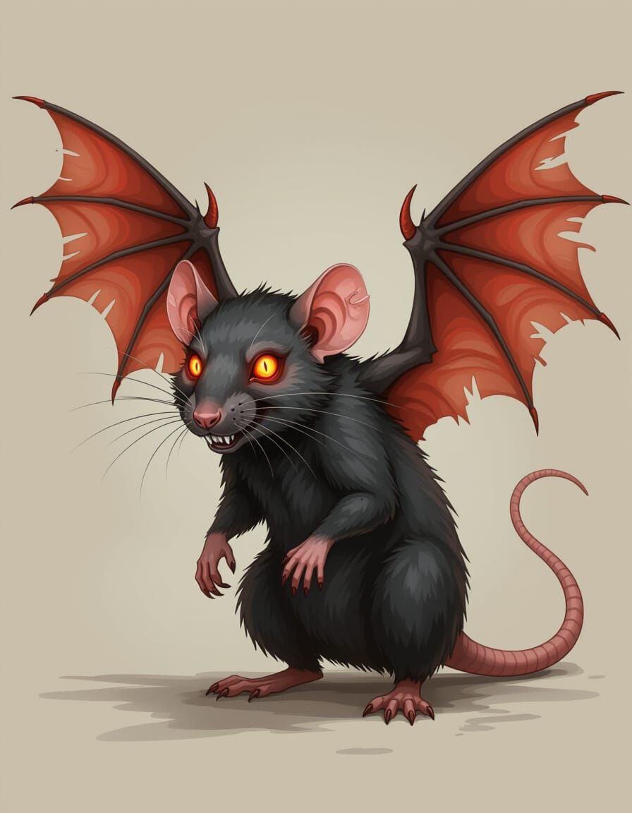 Demonic Rat with Crimson Eyes and Tattered Wings