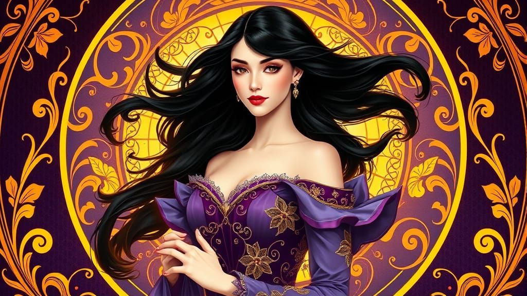 Elegant Art Nouveau Woman in Violet Gown