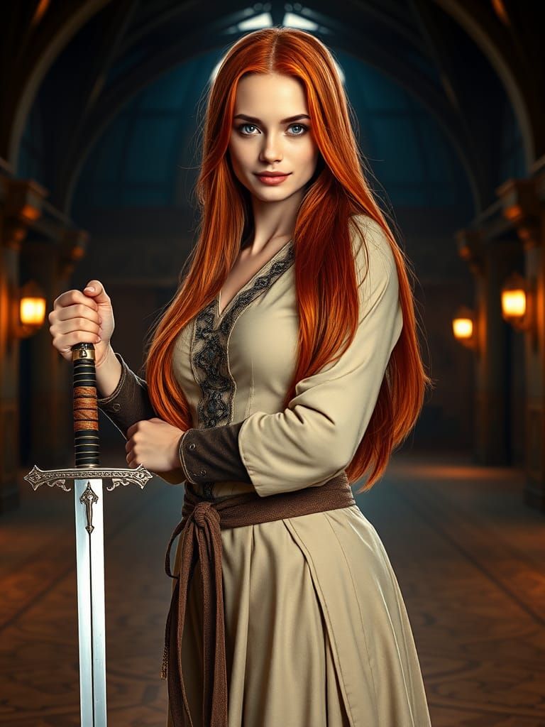 Redhead Supermodel in Medieval Duelist Attire