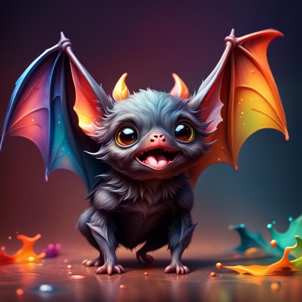 Cute Bat with Colorful Wings in Hyperrealistic Style