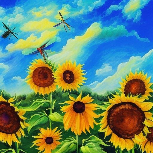 Dragonfly over Sunflowers in Impressionist Gouache Style