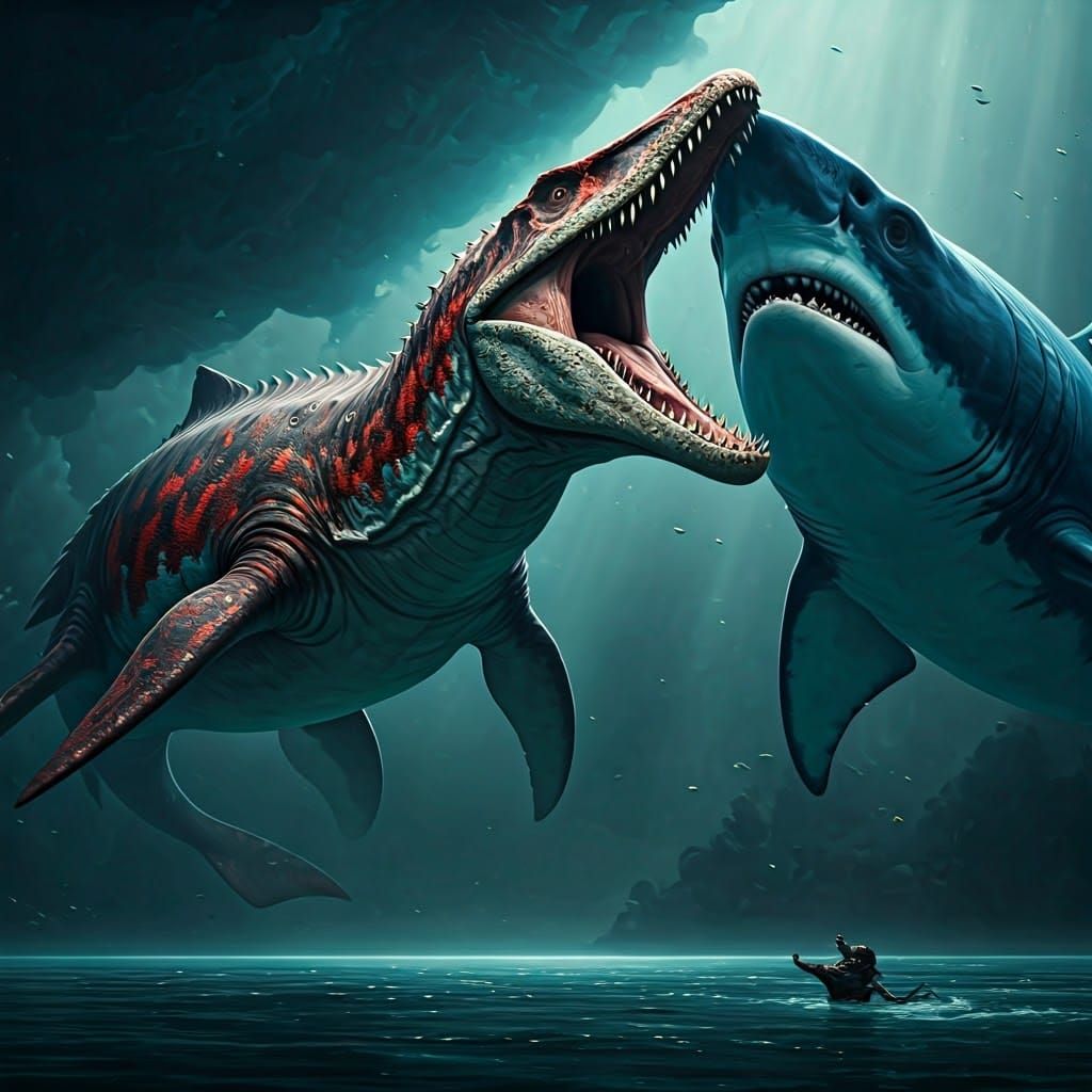 Red Opal Mosasaur Confronts Megalodon in Digital Art