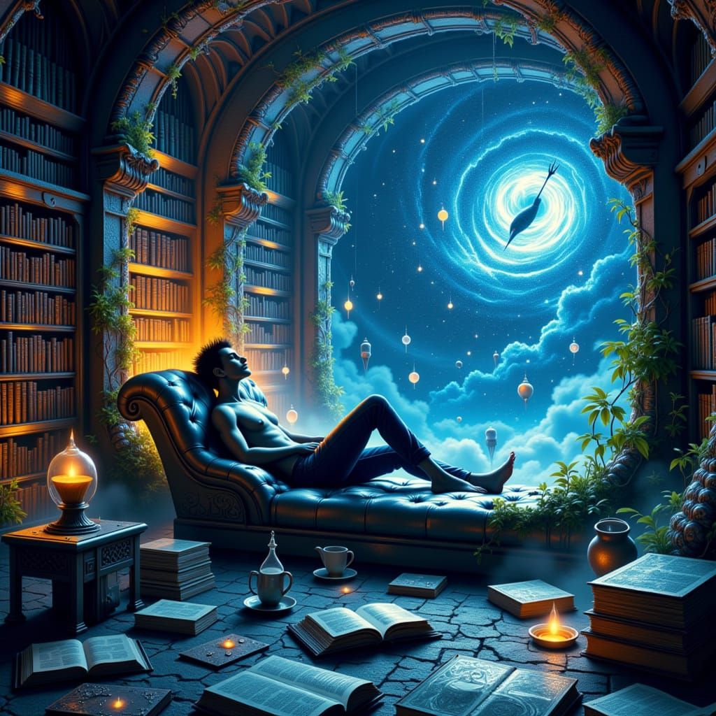 Cyberpunk Hacker in Cosmic Library Digital Painting