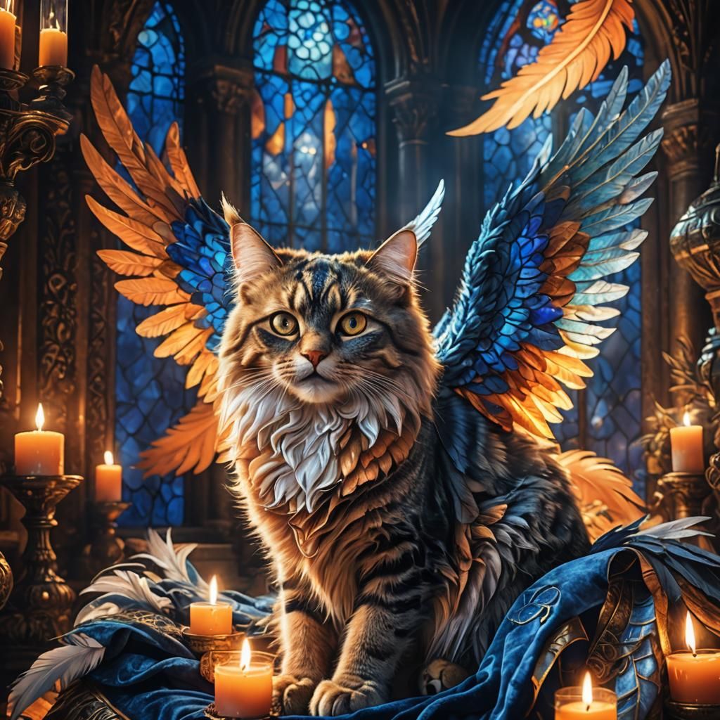 Winged Cat on Throne in Ancient Chamber