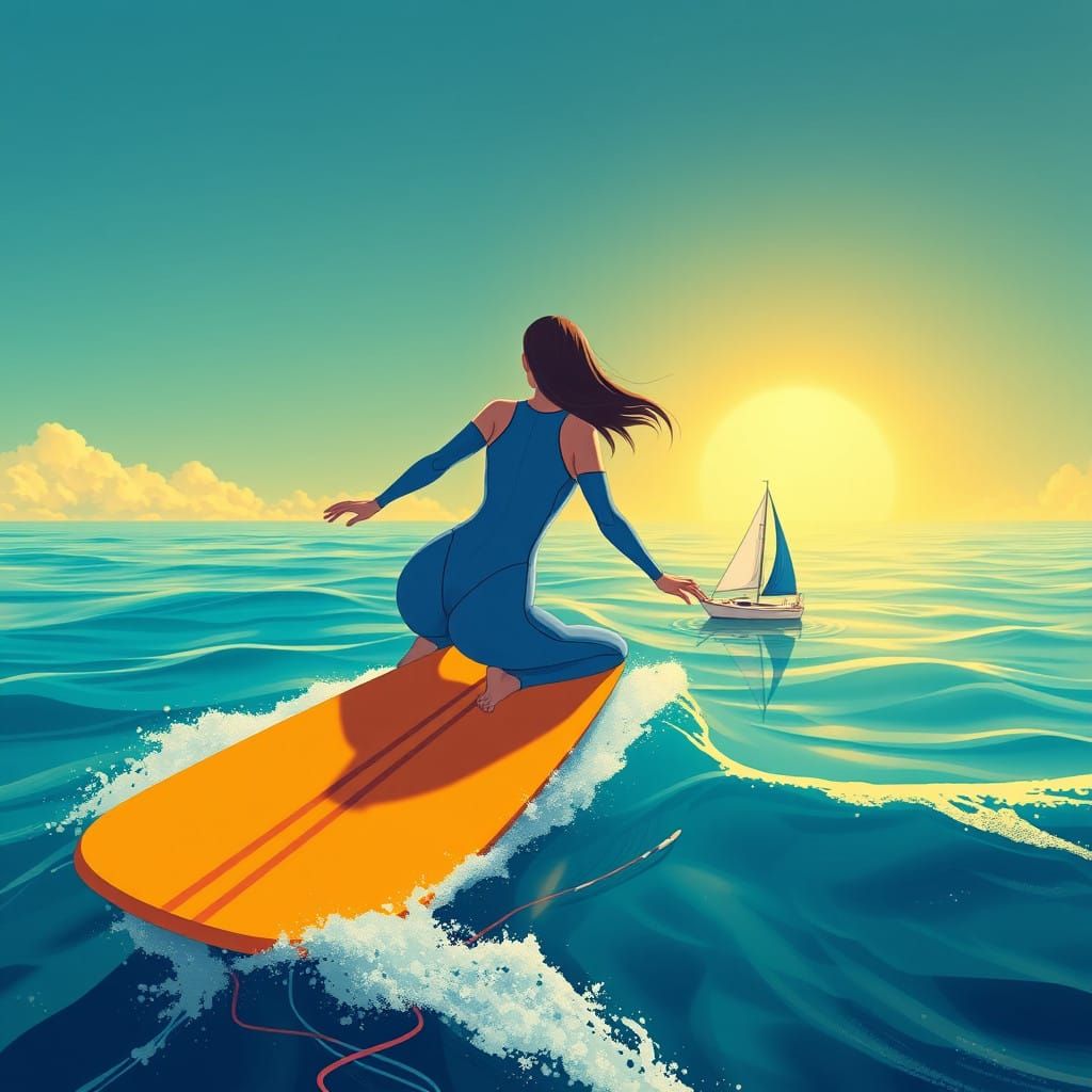 Giant Anime Surfer Rides Turquoise Waves